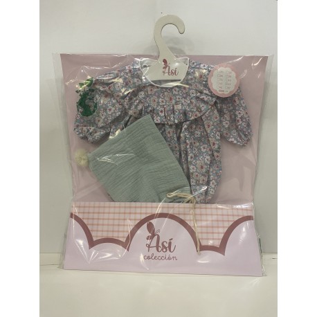 Conjunto vestido de flores con bolso verde